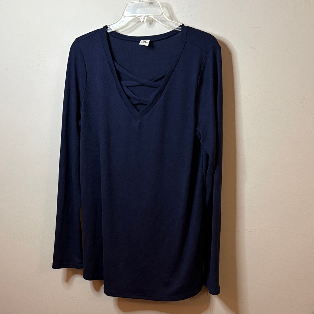 Sew In Love Navy Long Sleeve V-Neck Top with Crisscross Detail